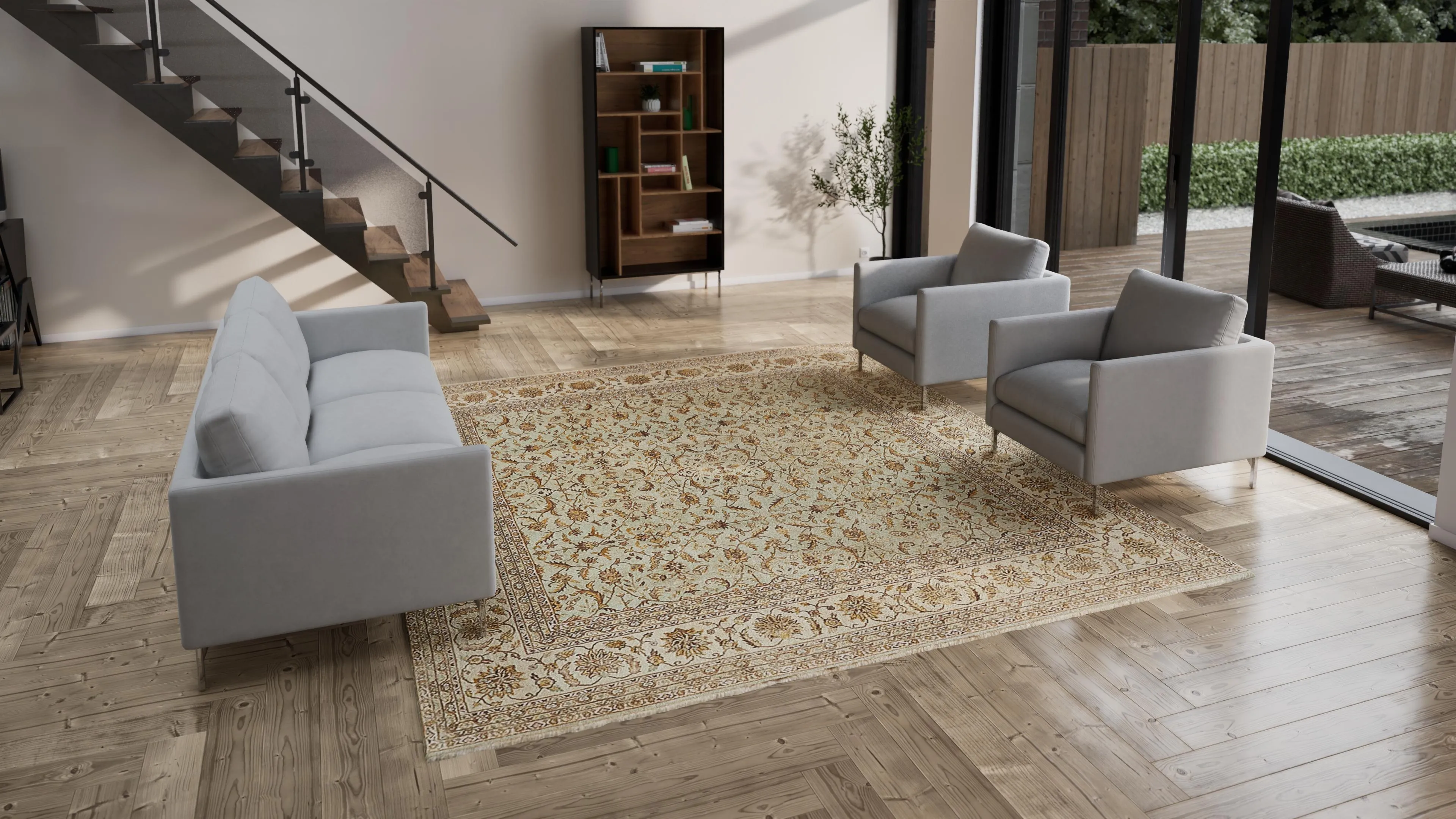 Beige Traditional Wool Silk Blend Rug - 10'10" x 11'4"