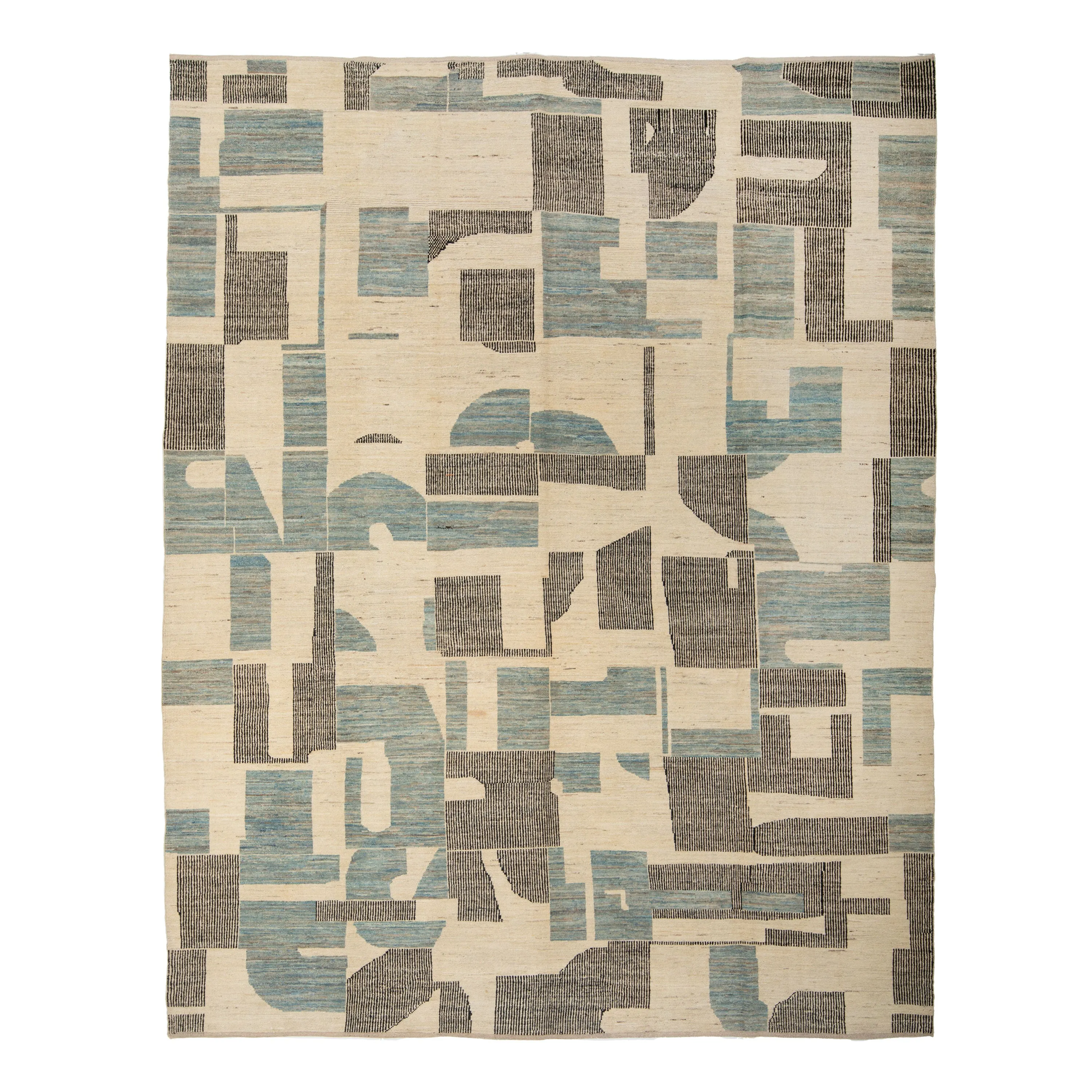 Blue & Grey Zameen Transitional Wool Rug - 9'7" x 11'9"