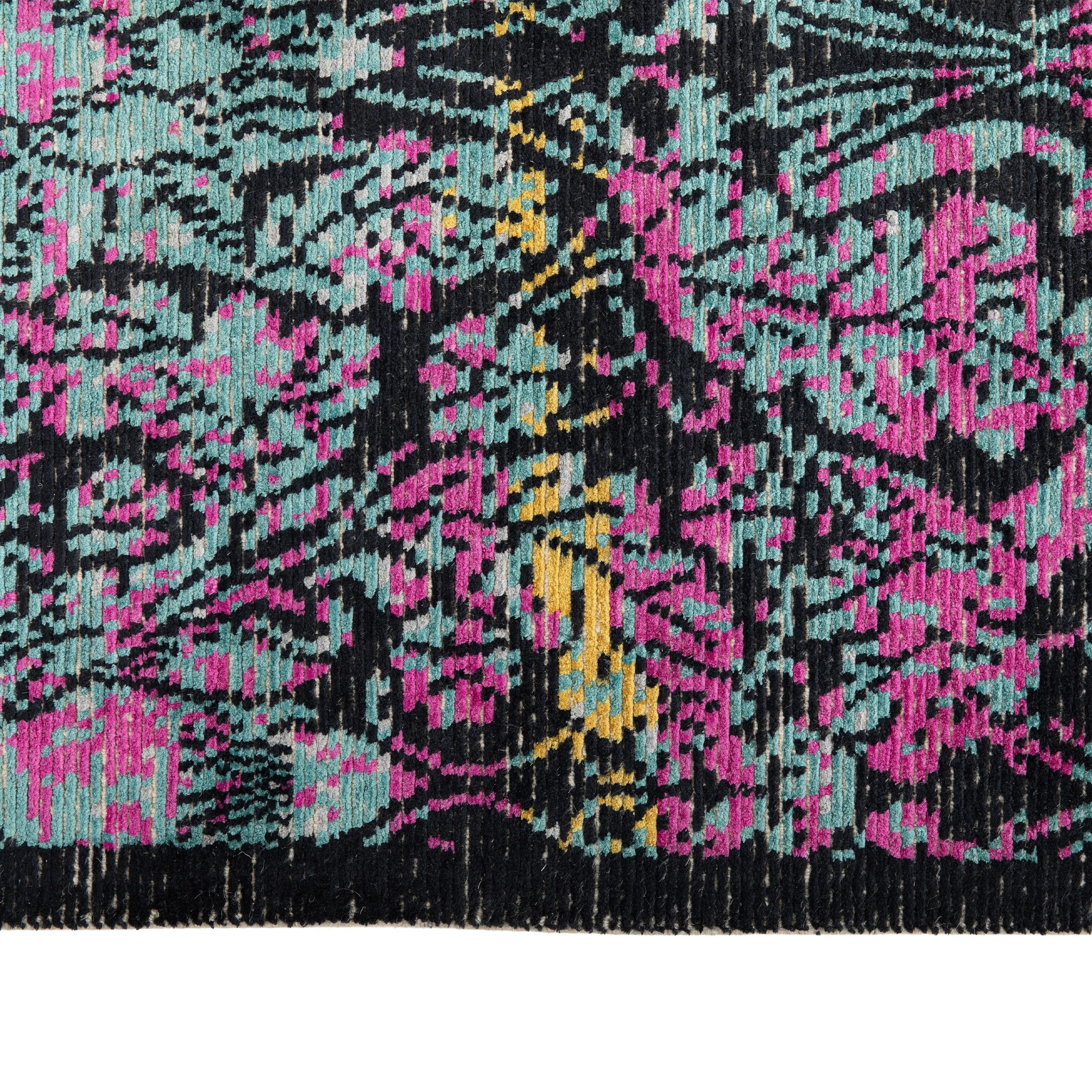 Blue & Pink Contemporary Tibetan Silk Wool Blend Rug - 8' x 10'2"