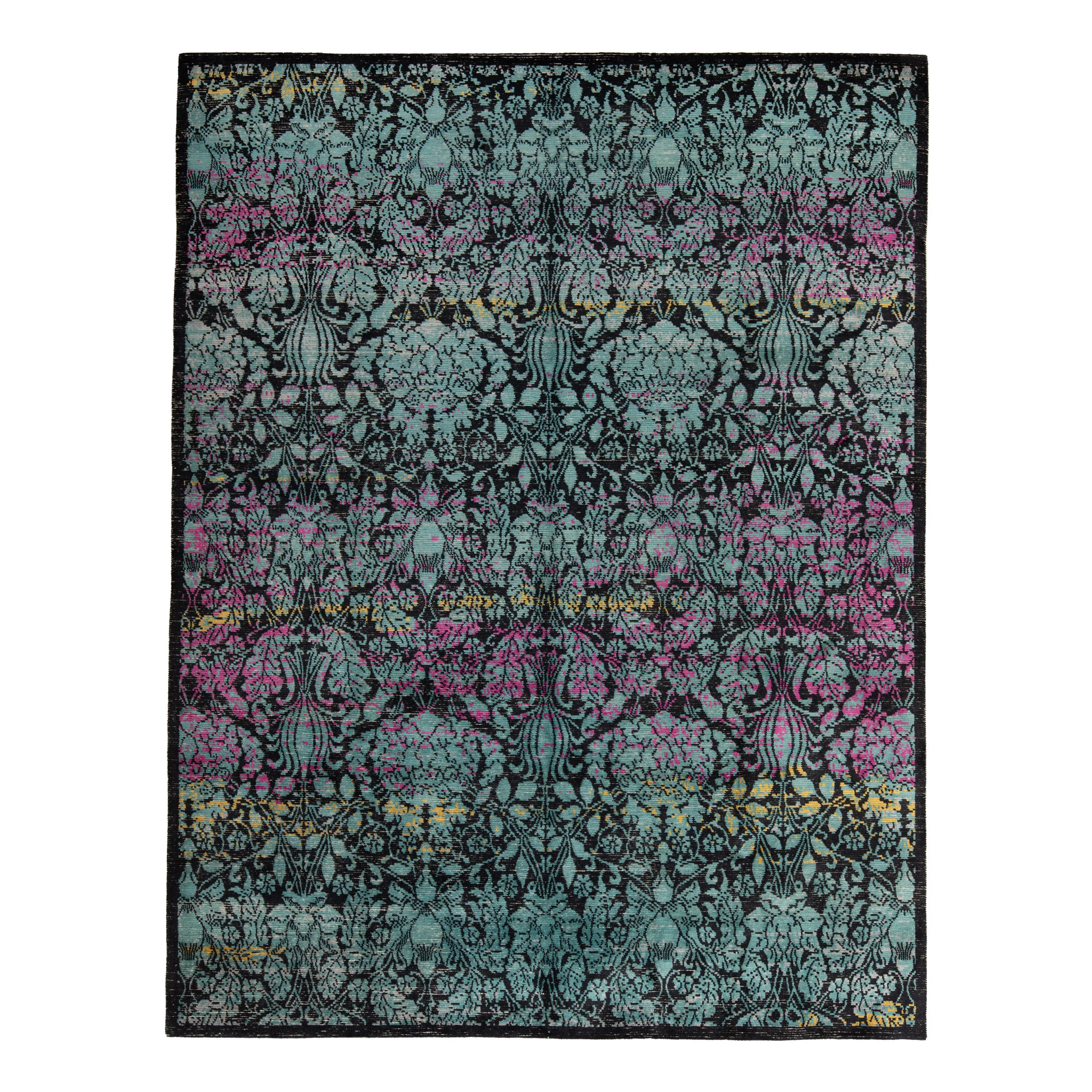 Blue & Pink Contemporary Tibetan Silk Wool Blend Rug - 8' x 10'2"