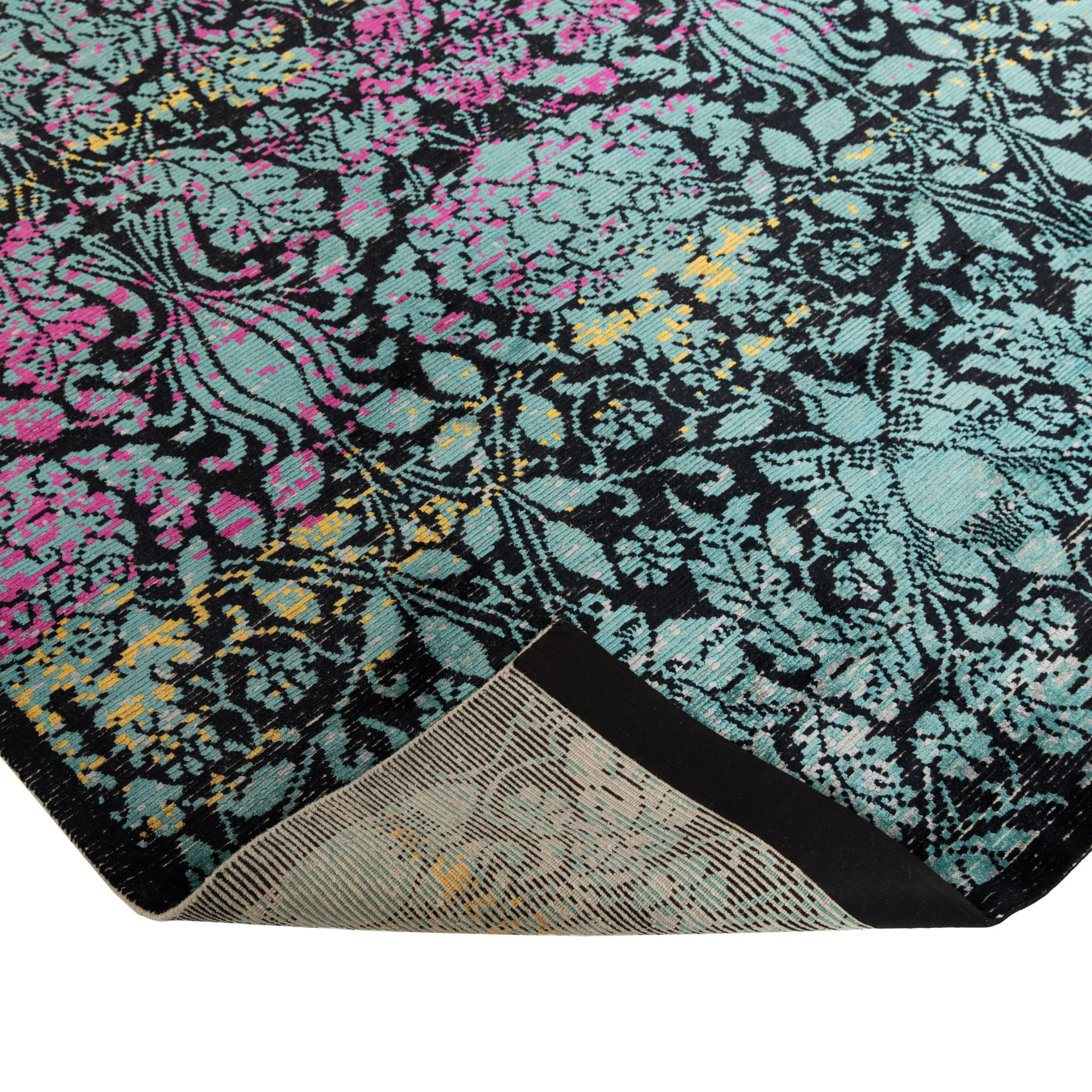Blue & Pink Contemporary Tibetan Silk Wool Blend Rug - 8' x 10'2"