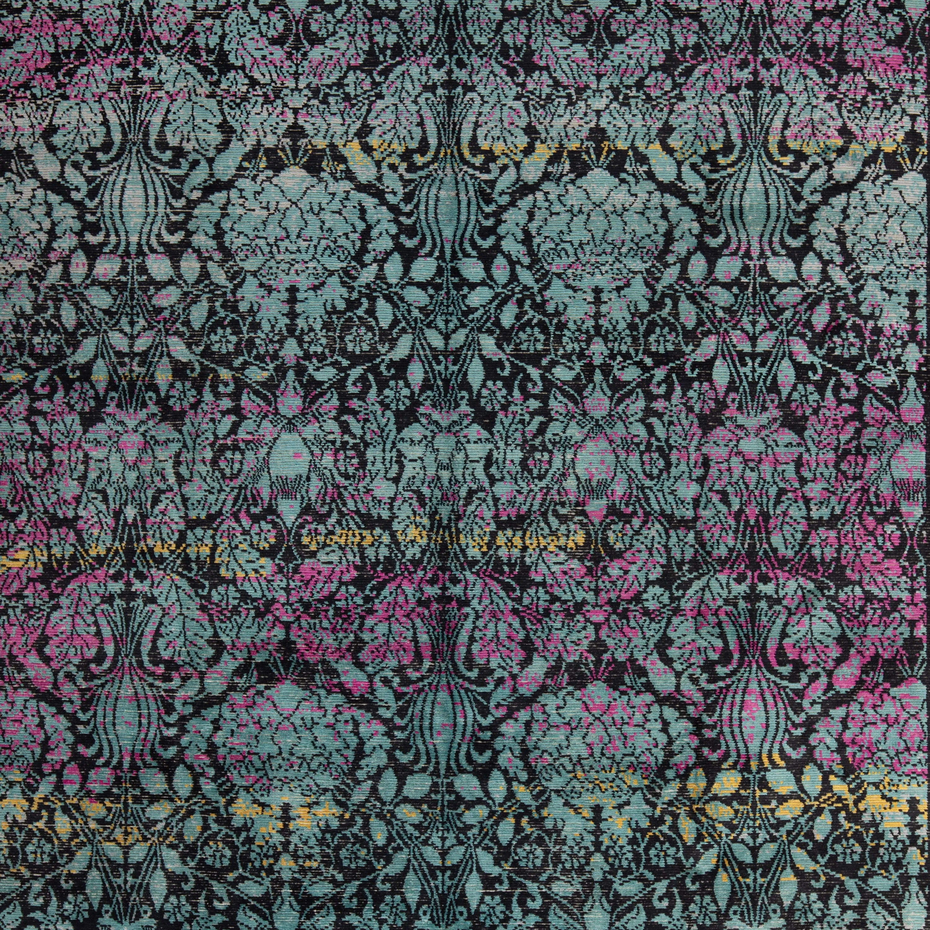 Blue & Pink Contemporary Tibetan Silk Wool Blend Rug - 8' x 10'2"