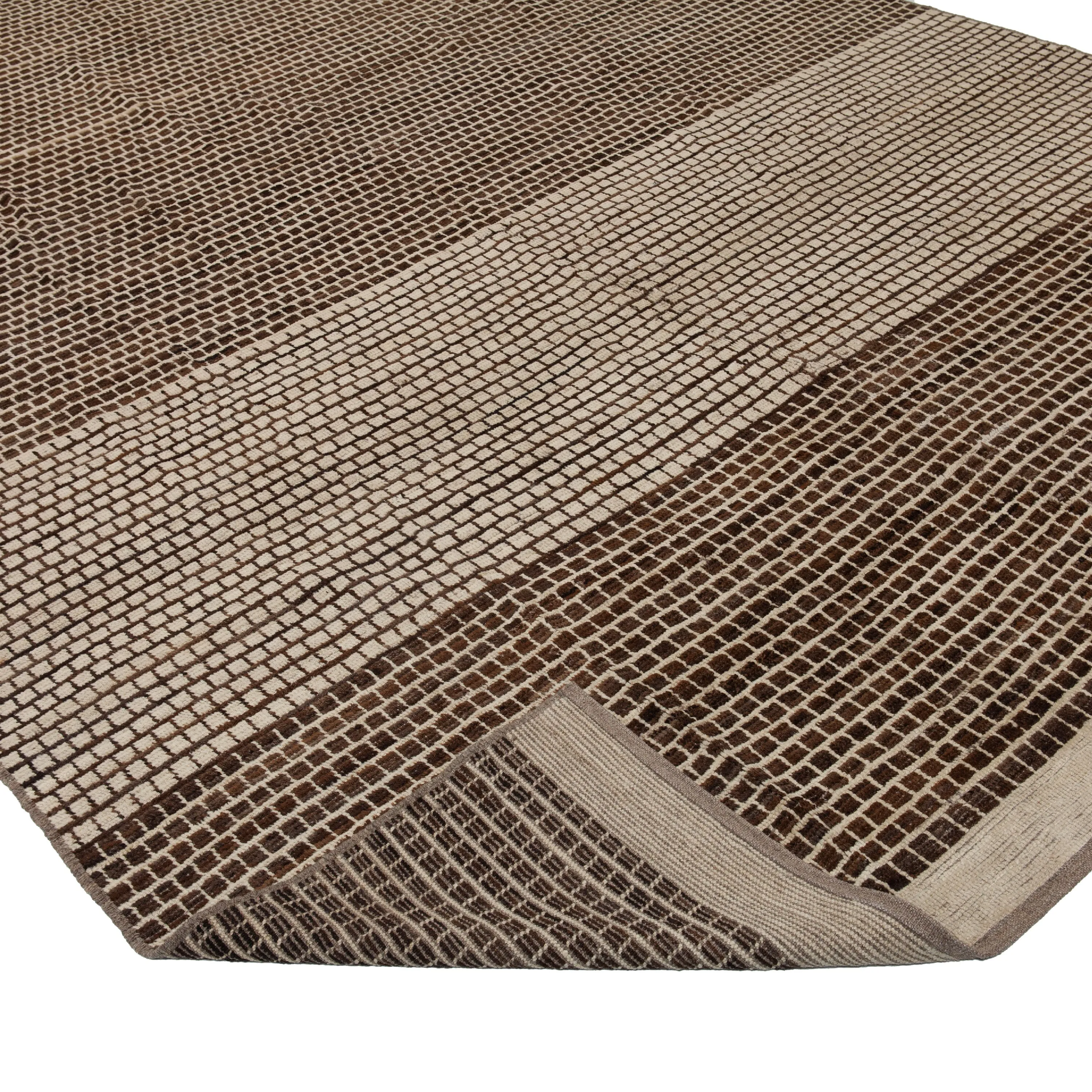 Brown & Cream Zameen Modern Wool Rug - 8'7" x 14'