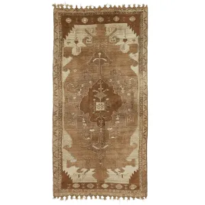 Brown Vintage Traditional Turkish Wool Rug - 6'11" x 15'1"