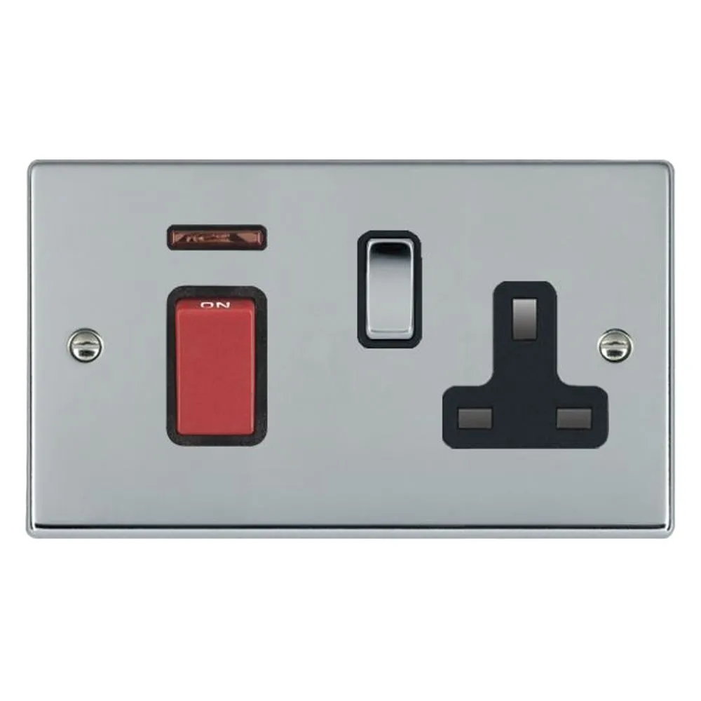 Hamilton 7345SS1BC-B 45A DP  Switched Socket and Neon 2 Gang Red Rocker - Bright Steel and Black Insert