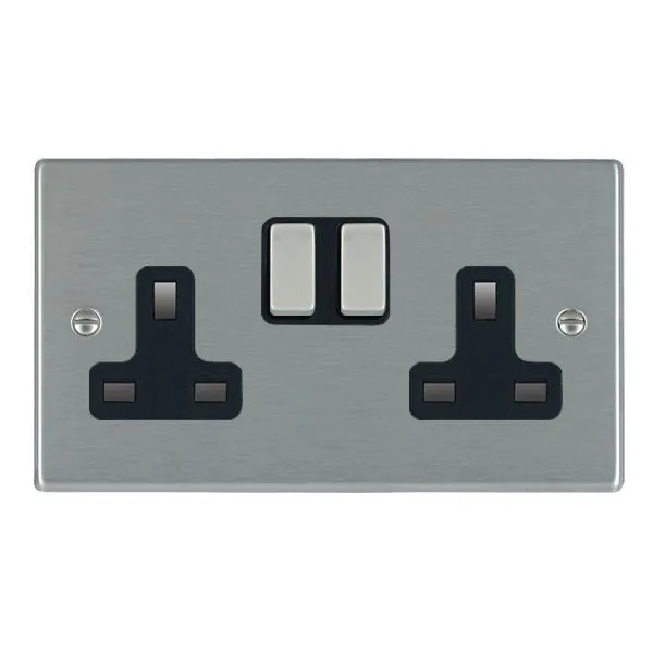 Hamilton 74SS2SS-B 2 Gang 13A DP Switched Socket - Satin Steel & Black Inserts