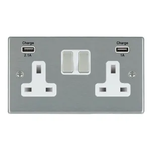 Hamilton 74SS2USBSS-W 2 Gang 13A Single Pole Swithced Socket with Dual USB Outlets - Satin Steel & White Inserts