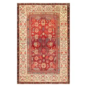 Red & Ivory Antique Indian Agra Rug - 6'0" x 8'9"