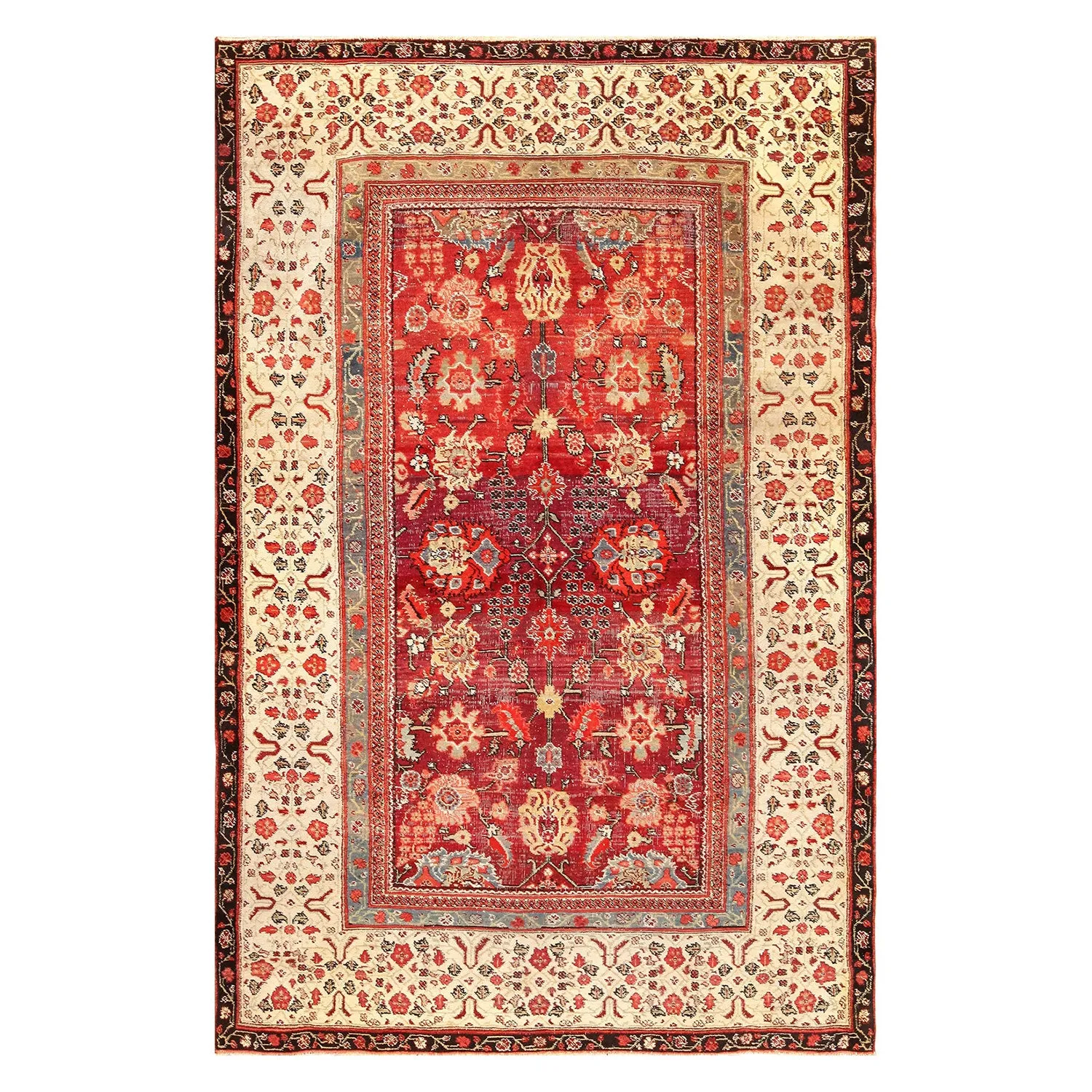Red & Ivory Antique Indian Agra Rug - 6'0" x 8'9"