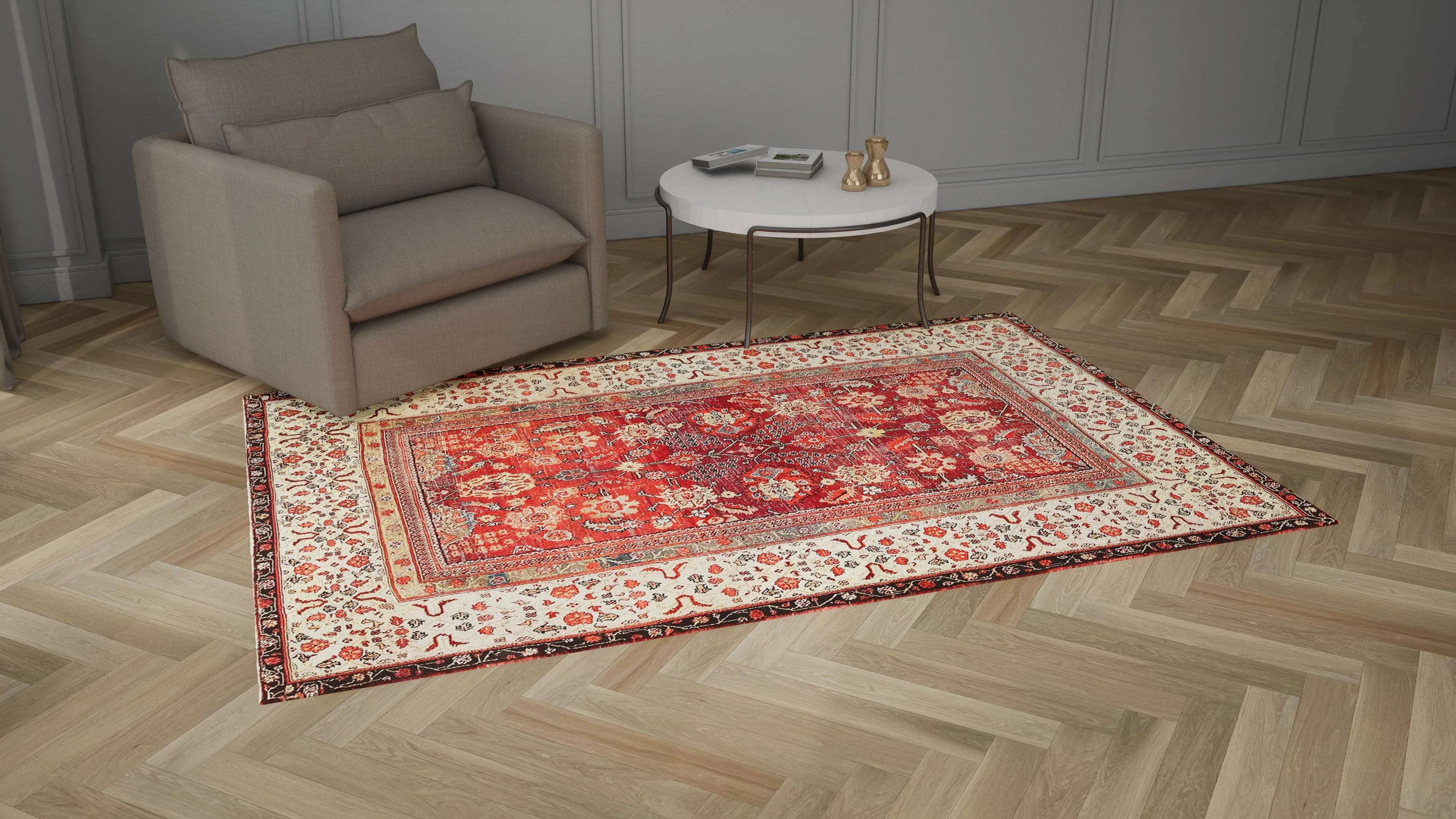Red & Ivory Antique Indian Agra Rug - 6'0" x 8'9"
