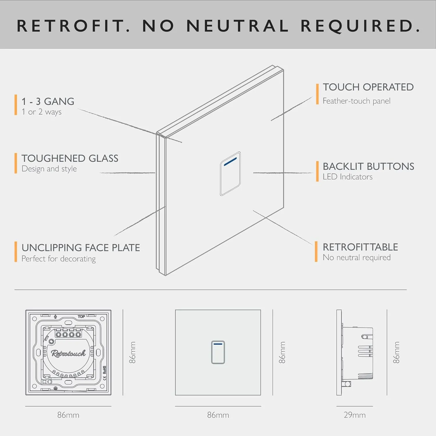Retrotouch Crystal Touch Switch 240v 1G 2W Black
