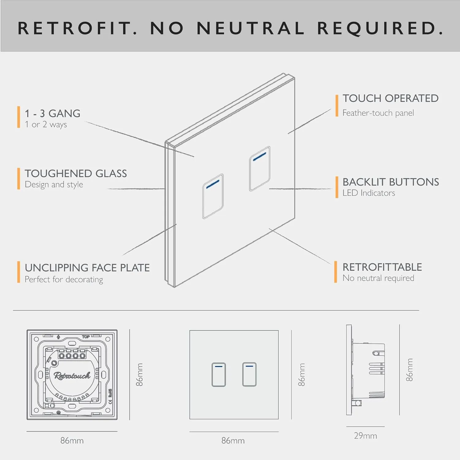 Retrotouch Crystal  Touch Switch 240v 2G 1W Brass